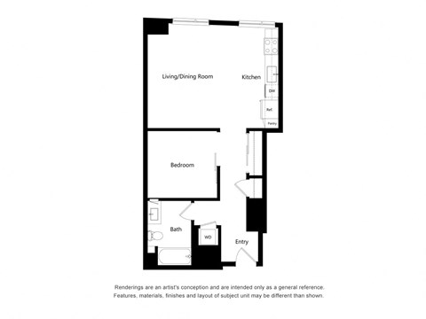 Floor plan for 1 bed, 1 bath, 690 sqft